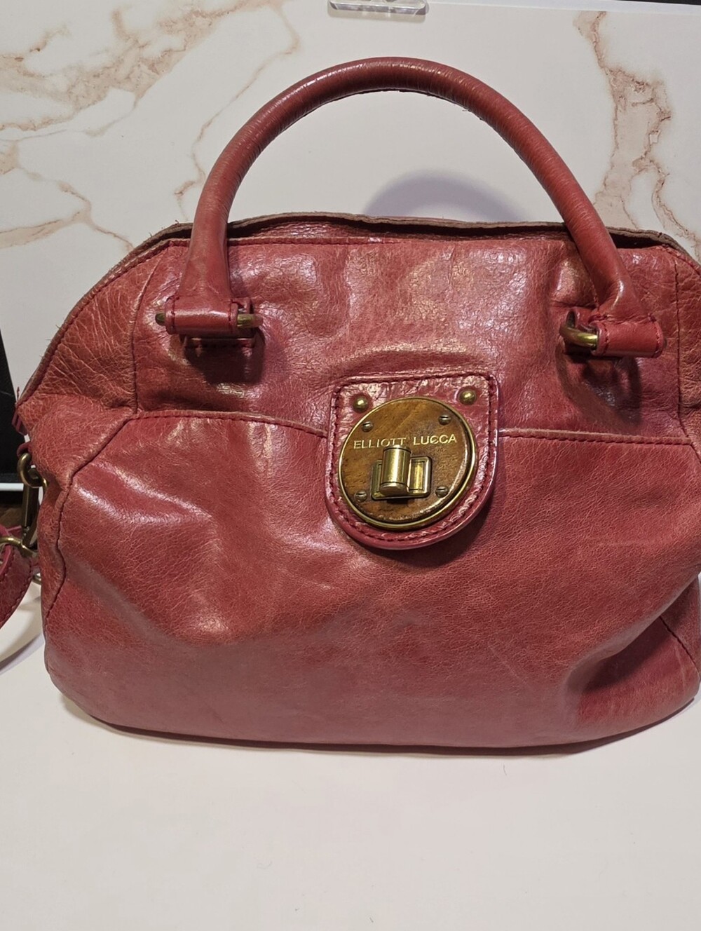 Elliott Lucca Genuine Leather Satchel Crossbody Bag Burgundy Brass Turn Lock